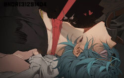 2boys bed_sheet belt black_background black_pants black_shirt blue_hair blush brown_belt commentary cum cum_on_body erection facial fellatio heart irrumatio leash lighter_(zenless_zone_zero) lying male_focus motion_lines multiple_boys on_back open_pants oral pants penis red_leash rolling_eyes runa_(nori31291404) sheet_grab shirt solo_focus sunglasses sweat symbol-only_commentary t-shirt throat_bulge twitter_username x-ray yaoi yellow-framed_eyewear zenless_zone_zero