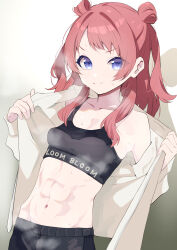 1girl alternate_costume gakuen_idolmaster hanami_saki idolmaster looking_at_viewer muscular muscular_female purple_eyes red_hair shirt solo sports_bra steam sweat tonomiya68 twitter underwear upper_body white_shirt