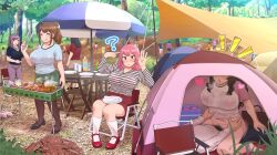 1boy 5girls ? blurry blurry_background bra_visible_through_clothes breasts camping condom cooking crowd female_pubic_hair foliage forest from_outside grill grilling highres large_breasts lying multiple_girls nature obstructed_view original outdoors pubic_hair ? ryokucha_michi sex sound_effects spoken_question_mark stealth_sex straddling table tent tree umbrella