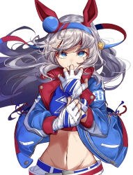 Rule 34 | 1girl, absurdres, amaxa, animal ears, belt, blue eyes, fake animal ears, fingerless gloves, floating hair, gloves, grey hair, grin, hand on own arm, headband, highres, horse girl, jacket, linea alba, looking at viewer, navel, smile, solo, tamamo cross (umamusume), two-tone gloves, umamusume, white background