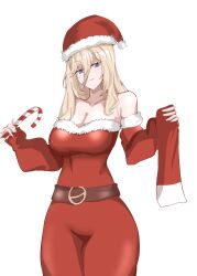 1girl abrokedrawer absurdres alternate_costume aponia_(honkai_impact) bare_shoulders belt blonde_hair blue_eyes candy candy_cane cowboy_shot detached_sleeves dress food hat highres holding holding_candy holding_candy_cane holding_food honkai_(series) honkai_impact_3rd long_hair long_sleeves looking_at_viewer red_dress red_hat simple_background solo standing strapless strapless_dress white_background