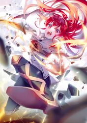 Rule 34 | 1girl, absurdres, armor, black pants, capelet, eris greyrat, floating hair, highres, holding, holding sword, holding weapon, knee pads, leather armor, long hair, mushoku tensei, open mouth, pants, red eyes, red hair, shirt, solo, sword, very long hair, weapon, white capelet, white shirt, yuzuyu010