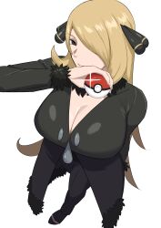 1girl absurdres arm_behind_back arm_up black_coat black_pants blonde_hair breasts cleavage closed_mouth coat cynthia_(pokemon) from_above full_body fur-trimmed_coat fur-trimmed_sleeves fur_collar fur_trim grey_eyes hair_over_one_eye highres holding holding_poke_ball hoshi272829 large_breasts long_hair looking_at_viewer nintendo pants poke_ball poke_ball_(basic) pokemon pokemon_dppt simple_background solo standing textless_version very_long_hair white_background