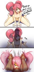 1boy 1girl 3koma angry comic completely_nude constricted_pupils cum cum_in_mouth deepthroat english_text fellatio female_pubic_hair fire_emblem fire_emblem_echoes:_shadows_of_valentia full_body grabbing_another&#039;s_hair grabbing_another&#039;s_twintails highres instant_loss irrumatio looking_at_viewer mae_(fire_emblem) makeup mascara multiple_views nintendo nude oral penis penis_awe penis_shadow polyle pov pov_crotch pov_hands pubic_hair rape runny_makeup sequential sitting source_request spread_legs tears twintails wariza