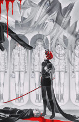 Rule 34 | 6+boys, 7nite, absurdres, ahoge, aotsuki eito, armband, black cloak, black gloves, black streaks, blood, blood on clothes, blood on face, blood on ground, blue eyes, chinese commentary, cloak, closed eyes, corpse, crescent moon, cryostasis pod, full moon, gakuran, giant, gibbous moon, glasses, gloves, grey eyes, grey hair, hand on own arm, headgear, highres, holding, holding sword, holding weapon, injury, jacket, last defense academy school uniform, male focus, moon, moon phases, multicolored hair, multiple boys, multiple persona, no mouth, pants, pointing, pointing at another, red hair, school uniform, short hair, streaked hair, sumino takumi, sunglasses, sword, the hundred line -last defense academy-, weapon, white armband, white gloves, white jacket, white pants