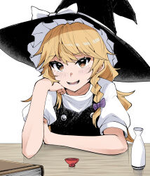 1girl black_vest blonde_hair blush book bow braid choko_(cup) commentary cup hair_bow hand_on_own_face hat hat_bow highres kirisame_marisa long_hair looking_at_viewer okeyadeokya open_mouth purple_bow short_sleeves side_braid single_braid smile solo tokkuri touhou vest witch_hat yellow_eyes
