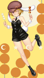1girl animal_ears black_shoes black_socks blonde_hair brown_hat newsboy_cap closed_mouth dango detached_collar food full_body hat hataraki_kuma highres holding holding_food one_eye_closed rabbit_ears rabbit_tail red_eyes ringo_(touhou) shoes short_hair smile socks solo tail touhou wagashi wrist_cuffs