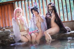 Rule 34 | 3girls, black hair, breasts, cosplay, female focus, frilled shirt, frills, hachi (cosplayer), highres, japanese (nationality), kamado nezuko, kamado nezuko (cosplay), kanroji mitsuri, kanroji mitsuri (cosplay), kimetsu no yaiba, kochou shinobu, kochou shinobu (cosplay), long hair, loveno1kanda, multiple girls, nude, photo (medium), shirt, taitai257