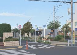 Rule 34 | 1other, androgynous, black eyes, black hair, blue shirt, building, cityscape, commentary, commentary request, english commentary, floating, grass, hands on own chest, hedge, lamppost, looking ahead, mixed-language commentary, muji (uimss), original, pants, pet walking, power lines, road, road sign, rope fence, scenery, shirt, short hair, short sleeves, sidelocks, sidewalk, sign, street, surreal, transformer, utility pole, white pants, wide shot