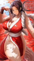 1girl absurdres bare_shoulders breasts brown_hair cleavage fatal_fury female_focus folding_fan hand_fan highres holding holding_fan large_breasts long_hair pelvic_curtain ponytail project_075 shiranui_mai snk solo thighs