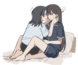 2girls anger_vein bang_dream! bang_dream!_it&#039;s_mygo!!!!! barefoot black_hair black_shorts blue_eyes blue_shirt blue_shorts blush brown_hair closed_mouth eye_contact highres jenjen long_hair looking_at_another medium_hair multiple_girls open_mouth pajamas pillow purple_eyes shiina_taki shirt short_sleeves shorts sitting yahata_umiri yuri