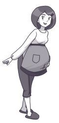 Rule 34 | 1girl, apron, bowing, commission, commissioner upload, hand on own stomach, highres, housewife, johanna (pokemon), mature female, monochrome, mother (pokemon), nintendo, olympic-dames, pokemon, pokemon dppt, pokemon platinum, pregnant, slippers, smile, solo