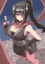 1girl alternate_color black_gloves black_skirt breasts brown_eyes cleavage fingerless_gloves gen_6_pokemon gloves greninja headband highres large_breasts long_hair ninja nintendo personification pink_scarf pokemon ponytail scarf shiny_pokemon skirt solo standing yokomiya4538