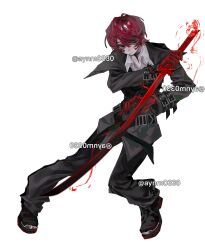 androgynous arm_belt aynm010330 black_eyes black_pants black_shoes buttons character_request closed_mouth commentary commission copyright_request empty_eyes english_commentary frown full_body gloves hashtag-only_commentary highres holding holding_sword holding_weapon pale_skin pants red_gloves red_hair shoes short_hair simple_background solo sword too_many_watermarks twitter_username watermark weapon weapon_request white_background