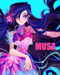 Rule 34 | 1girl, absurdly long hair, arm ribbon, blue background, blue eyes, blue eyeshadow, blue hair, character name, cowboy shot, dress, eyelashes, eyeshadow, floating hair, flower, flower dress, hair flower, hair ornament, hair over one eye, happy, highres, jewel under eye, libbly libby, light blush, light particles, long hair, looking to the side, magical girl, makeup, multicolored hair, musa (winx club), nail polish, outstretched arm, pink dress, pink flower, pink hair, pink nails, pink ribbon, ribbon, side slit, simple background, single bare shoulder, single strap, sleeveless, sleeveless dress, solo, standing, streaked hair, very long hair, winx club