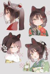 1girl alternate_costume animal_ears bad_id blush braid braided_ponytail brown_hair dog_ears embarrassed floral_print floral_print_kimono flower fur_scarf green_kimono grey_background hair_bun hair_flower hair_ornament heterochromia highres inactive_account inui_toko japanese_clothes kimono long_hair multi-tied_hair multiple_views nijisanji nyaon_(nyaonnyaon011) ponytail print_kimono red_eyes red_kimono single_hair_bun sleeves_past_wrists virtual_youtuber wide_sleeves yellow_eyes yellow_kimono
