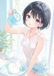 Rule 34 | 1girl, black hair, blue eyes, blue shorts, blush, breasts, collarbone, denim, denim shorts, flower, hair between eyes, highres, indoors, jewelry, looking at viewer, medium breasts, necklace, open mouth, original, plant, potted plant, pouring, rebun, see-through clothes, shirt, short hair, shorts, solo, tank top, water, white tank top