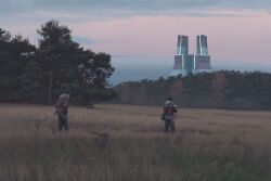 Rule 34 | 2boys, absurdres, architecture, bag, building, cloud, cloudy sky, from behind, grass, highres, holding, hood, hood down, jacket, long sleeves, multiple boys, outdoors, pants, plant, scenery, science fiction, simon stalenhag, sky, standing, swedish machines, tree, walking