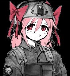 Rule 34 | :&gt;, black background, border, camouflage, combat helmet, commentary, commission, cosplay, crimescenepartz, digital camouflage, english commentary, english text, hair between eyes, hair ribbon, headset, helmet, highres, jacket, kaname madoka, load bearing vest, long bangs, looking at viewer, mahou shoujo madoka magica, military combat uniform, military jacket, military uniform, outline, outside border, partially colored, patch, peripeteia, pink eyes, pink hair, profanity, red ribbon, ribbon, second-party source, short hair, short twintails, simple background, sketch, skull ornament, twintails, upper body, white border, white outline