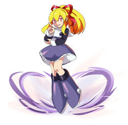 1girl android armored_boots black_sleeves blonde_hair boots capcom dress evil_smile floating hair_between_eyes hair_ribbon highres joints knee_boots long_hair long_sleeves looking_at_viewer marvel_vs._capcom mechanical_boots mega_man_(series) mega_man_x_(series) mega_man_x_dive miniskirt purple_dress purple_skirt red_eyes red_ribbon ribbon robot_girl robot_joints roll_(mega_man) sadfg02 sidelocks simple_background skirt smile solo white_background