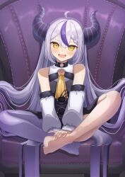 1girl absurdres ahoge ascot bad_feet barefoot black_dress blush braid braided_bangs collarbone commentary_request demon_girl demon_horns detached_sleeves dress eyelashes flat_chest full_body hair_between_eyes highres hololive horns knees_apart_feet_together kuronekootuta la+_darknesss legs light_purple_hair long_hair long_sleeves multicolored_hair no_shoes open_mouth pantyhose purple_hair purple_pantyhose shadow sidelocks single_leg_pantyhose sitting solo streaked_hair striped_horns teeth toes very_long_hair virtual_youtuber yellow_ascot yellow_eyes