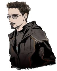 Rule 34 | 1boy, arc reactor, avengers: infinity war, avengers (series), black-framed eyewear, black hair, black jacket, black shirt, brown eyes, facial hair, highres, hood, hooded jacket, jacket, long sleeves, looking to the side, male focus, marvel, marvel cinematic universe, open mouth, shirt, short hair, simple background, solo, sunglasses, thendsherly, tony stark, upper body, white background
