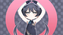 1girl arms_up black_gloves black_hair blue_archive blush breasts butterfly_hair_ornament chibi china_dress chinese_clothes double_bun dragon_print dress gloves hair_bun hair_ornament kisaki_(blue_archive) long_hair looking_at_viewer nada_haruka o_arms o_x sleeveless sleeveless_dress small_breasts solo twintails