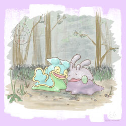 animal_focus commentary_request gen_4_pokemon gen_6_pokemon goomy grass jiierimaki nintendo no_humans open_mouth outdoors pokemon pokemon_(creature) pokemon_focus shellos shellos_(east) slug smile species_connection tree watermark yellow_lips