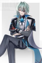 1boy anaxa_(honkai:_star_rail) aqua_hair black_pants blue_eyes chain crossed_arms earrings eyepatch hair_between_eyes highres honkai:_star_rail honkai_(series) jewelry kannaduki_1026 male_focus one_eye_covered pants pink_pupils single_earring sitting solo upper_body watermark