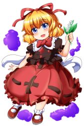 Rule 34 | 1girl, black shirt, blonde hair, blue eyes, blush, bow, bowtie, flower, game cg, hair ribbon, hakurei frontier spell strive, holding, holding flower, lily of the valley, looking at viewer, mary janes, medicine melancholy, motsu (selshia12), official art, open mouth, poison, red bow, red bowtie, red ribbon, red shoes, red skirt, ribbon, shirt, shoes, short sleeves, skirt, smile, socks, solo, third-party source, touhou, transparent background, white socks