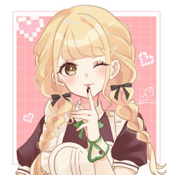 1girl ;p apron black_bow border bow braid brown_dress brown_eyes closed_mouth collared_dress commentary_request dress food_on_hand frilled_apron frills fujita_kotone gakuen_idolmaster grid_background hair_bow hair_over_shoulder heart highres idolmaster long_hair low_twintails maid maid_apron one_eye_closed pink_background pixelated puffy_short_sleeves puffy_sleeves rino_cnc short_sleeves smile solo tongue tongue_out twin_braids twintails twitter_username upper_body white_apron white_border wrist_cuffs
