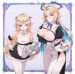 2girls alternate_costume apron arm_under_breasts artist_name black_dress blonde_hair blue_bow blue_bowtie blue_eyes blush bow bowtie breasts cake cake_slice cartethyia_(wuthering_waves) cleavage collar collarbone commentary cowboy_shot crown_of_thorns cup detached_sleeves dress dual_persona earrings enmaided fleurdelys_(wuthering_waves) floating_earrings food frilled_apron frilled_collar frilled_hairband frills fruit garter_belt gloves grin hairband highres holding_trash_can horns jewelry large_breasts long_hair long_sleeves looking_at_viewer maid maid_headdress medium_breasts multiple_girls namiorii pantyhose parted_bangs partially_fingerless_gloves pointy_ears puffy_long_sleeves puffy_short_sleeves puffy_sleeves purple_eyes short_sleeves single_horn smile strapless strapless_dress strawberry tacet_mark_(wuthering_waves) teacup teapot thighhighs underwear very_long_hair waist_apron white_apron white_collar white_garter_belt white_gloves white_hairband white_pantyhose white_thighhighs wuthering_waves yellow_horns