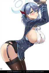 1girl ako_(blue_archive) areola_slip bell black_skirt blue_archive blue_eyes blue_gloves blue_hair blue_hairband blue_jacket blush breasts brown_thighhighs club3 covered_erect_nipples cuffs earrings garter_straps gloves hair_between_eyes hairband half_gloves handcuffs hands_up highres jacket jewelry large_breasts long_hair long_sleeves looking_at_viewer miniskirt neck_bell open_mouth red_ribbon ribbon sideboob simple_background skirt solo sweat thighhighs thighs white_background