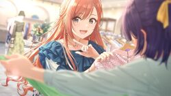 arisugawa_natsuha blue_hair clothes_hanger earrings game_cg grey_eyes hat idolmaster idolmaster_shiny_colors idolmaster_shiny_colors_song_for_prism jewelry nail_polish official_art open_mouth skirt