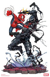 Rule 34 | 2boys, agent venom, artist logo, artist name, black bodysuit, blue bodysuit, bodysuit, faux figurine, fighting, gun, handgun, highres, holding, holding gun, holding weapon, in-hyuk lee, instagram logo, instagram username, logo, marvel, multiple boys, red bodysuit, simple background, spider-ham, spider-man (series), spider-verse, symbiote, two-tone bodysuit, watermark, weapon, web address, white background