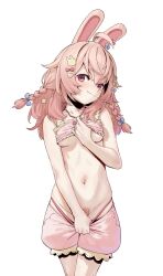 1girl agemmata ahoge animal_ears bandeau bare_shoulders blue_background bow braid breasts clothes_pull collarbone colored_pubic_hair commentary cowboy_shot english_commentary female_pubic_hair frilled_bandeau frilled_shorts frills hair_between_eyes hair_bow hair_ornament hairclip heart heart_background heart_hair_ornament highres long_hair looking_at_viewer medium_breasts navel outline phase_connect pink_bandeau pink_hair pink_pubic_hair pink_shorts pipkin_pippa pipkin_pippa_(1st_costume) pubic_hair pubic_hair_peek rabbit_ears rabbit_girl rabbit_hair_ornament red_eyes revision shorts shorts_pull simple_background smile solo star_(symbol) star_hair_ornament stomach transparent_background twin_braids underboob virtual_youtuber white_outline