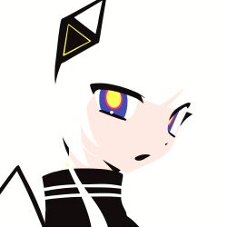 1girl black_shirt blending blue_eyes cevio chinese_commentary commentary_request diamond_hair_ornament feiwusheng flat_color highres kafu_(cevio) kamitsubaki_studio looking_at_viewer looking_to_the_side multicolored_eyes open_mouth red_eyes shirt simple_background solo turtleneck turtleneck_shirt uneven_eyes white_background white_hair yellow_eyes