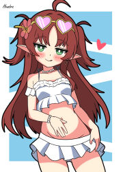 Rule 34 | 1girl, absurdres, ahoge, arknights, artist name, bikini, blue background, breasts, commentary, cowboy shot, earrings, eyewear on head, gluteal fold, heart, heart-shaped eyewear, heart earrings, hendra, highres, jewelry, long hair, myrtle (arknights), myrtle (summer flowers) (arknights), navel, official alternate costume, pink-tinted eyewear, pointy ears, red hair, signature, simple background, small breasts, solo, sunglasses, swimsuit, tinted eyewear, two side up, white bikini
