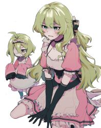 2girls absurdres ahoge apron black_gloves dress eyepatch gloves green_eyes green_hair hair_between_eyes highres honkai_(series) honkai_impact_3rd klein_(honkai_impact) long_hair mobius_(honkai_impact) mobius_(mobius_dressing)_(honkai_impact) mobius_(pre-surgery)_(honkai_impact) multiple_girls one_eye_covered pink_dress puffy_short_sleeves puffy_sleeves revision short_sleeves siibakun simple_background sitting sleeves_past_fingers sleeves_past_wrists standing white_apron white_background
