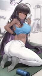 1girl adjusting_clothes adjusting_legwear ahoge alternate_costume ass black_hair blue_archive blue_nails blue_sports_bra bottle breasts breath closed_mouth dark-skinned_female dark_skin gijang grey_socks gym hair_down halo highres indoors karin_(blue_archive) large_breasts long_hair midriff no_shoes pants pantylines selfie socks solo sports_bra sweat very_long_hair water_bottle white_pants wristband yellow_eyes yoga_mat yoga_pants
