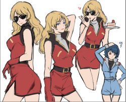 Rule 34 | 2girls, blonde hair, blue eyes, blue hair, blue jumpsuit, cake, cake slice, commentary, cowboy shot, dress, food, genderswap, genderswap (mtf), gloves, gundam, heart, jumpsuit, kamille bidan, kasumi (skchkko), long hair, multiple girls, multiple views, quattro bajeena, red dress, short hair, simple background, squiggle, strawberry shortcake, sunglasses, symbol-only commentary, thumb sucking, white background, white gloves