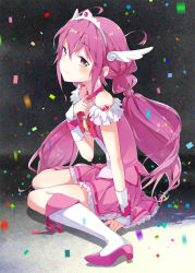 10s 1girl bare_shoulders blush boots bow choker confetti cure_happy female_focus hoshizora_miyuki long_hair looking_at_viewer magical_girl pink_bow pink_eyes pink_hair precure sitting skirt smile_precure! solo tears tiara tiv twintails wariza