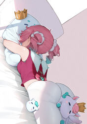 1girl absurdres aqua_bow aqua_bowtie aqua_hair ass between_buttocks bow bowtie breasts crown drill_hair gradient_hair hair_ornament hair_scrunchie highres honkai:_star_rail honkai_(series) hyacine_(honkai:_star_rail) long_hair lying medium_breasts multicolored_hair on_stomach panties panties_under_pantyhose pantyhose pantylines pillow pink_hair red_shirt scrunchie shirt sleeveless sleeveless_shirt solo twin_drills twintails underwear vincent_leo white_pantyhose