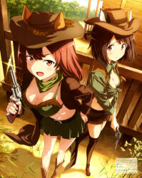 Rule 34 | absurdres, animal ears, bandana, bandana around neck, boots, bra, braid, breasts, brown boots, brown eyes, brown hair, brown hat, brown jacket, brown vest, cleavage, closed mouth, copyright name, copyright notice, cowboy hat, cowgirl (western), grace maitland steward, green bandana, green bra, green skirt, groin, gun, half up half down braid, hand on own hip, handgun, hat, highres, holding, holding gun, holding weapon, jacket, kawata kazuki, knee boots, leaning forward, light blush, long hair, looking at viewer, luminous witches, magazine scan, matching outfits, mc axis, medium breasts, miniskirt, navel, official art, open clothes, open jacket, open mouth, outdoors, pleated skirt, revolver, scan, shade, shibuya inori, short hair, short shorts, shorts, skirt, standing, sunlight, thigh boots, underwear, vest, weapon, world witches series