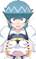 1boy 1girl angry black_skin blue_bow blue_hair bow breasts colored_skin fang frog_boy grabbing_another&#039;s_head hat highres jewelry keroro_gunsou kohiru_atsuku long_sleeves looking_at_viewer nishizawa_momoka open_mouth pendant purple_eyes school_uniform short_hair shoshinsha_mark skirt spiked_hair tamama white_background white_skirt