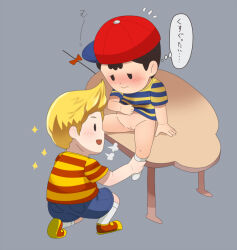 artist_request bad_tag bare_legs blonde_hair blush child cuntboy embarrassed excited groin hat indoors legs lucas_(mother_3) mother_(series) mother_2 mother_3 nervous ness_(mother_2) nintendo pussy shirt shota sitting sjsj_10 smile socks striped_hair super_smash_bros. table yaoi