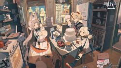 3girls animal_ears arknights baking bear_ears bear_girl brown_hair cake candy_hair_ornament chair character_request closed_mouth day food food-themed_hair_ornament fruit gummy_(arknights) hair_ornament horns indoors long_hair low_twintails multiple_girls on_chair orange_eyes refrigerator short_hair sitting smile standing stove strawberry table tongue tongue_out twintails very_long_hair whitebear window