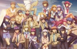 Rule 34 | 10s, 6+boys, 6+girls, absurdres, angel beats!, arms up, axe, bad id, bad yandere id, bare shoulders, black ribbon, black socks, black thighhighs, blue hair, blush, brown hair, brown legwear, cat, closed eyes, crease, crossed legs, everyone, fujimaki (angel beats!), green eyes, hair ribbon, hairband, hat, headstand, highres, hinata hideki, hirata katsuzou, hisako (angel beats!), holding hands, hug, irie miyuki, iwasawa masami, kneehighs, long hair, matsushita (angel beats!), multiple boys, multiple girls, nakamura yuri, naoi ayato, necktie, noda (angel beats!), official art, ooyama (angel beats!), open mouth, otonashi yuzuru, pantyhose, pink hair, purple hair, ribbon, scan, school uniform, sekine shiori, serafuku, shiina (angel beats!), short hair, sitting, skirt, sleeves rolled up, socks, stairs, takamatsu (angel beats!), takeyama (angel beats!), tenshi (angel beats!), thighhighs, tk (angel beats!), twintails, two side up, weapon, white socks, yui (angel beats!), yusa (angel beats!)