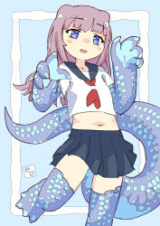 1girl animal_feet animal_hands black_skirt blue_background blue_scales blunt_bangs blush_stickers border claws commentary_request feet_out_of_frame flat_chest foot_up hair_horns hands_up highres large_tail lizard_tail long_hair looking_at_viewer mabo9317 midriff monster_girl navel neckerchief original outside_border pleated_skirt purple_hair red_neckerchief reptile_girl school_uniform serafuku signature skirt solo standing standing_on_one_leg tail white_border