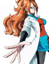 1girl absurdres android_21 black_pantyhose blue_dress blue_eyes breasts brown_hair checkered_clothes checkered_dress coat cowboy_shot dragon_ball dragon_ball_fighterz dress glasses highres lab_coat long_hair medium_breasts pantyhose red_dress short_dress silverwoodwork simple_background solo two-tone_dress white_background white_coat